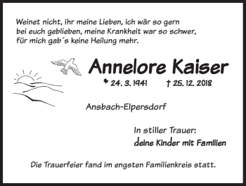 Traueranzeige von Annelore Kaiser von Ansbach