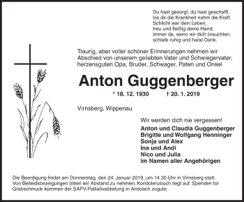 Traueranzeige von Anton Guggenberger von Ansbach