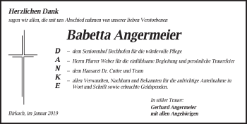 Traueranzeige von Babetta Angermeier von Dinkelsbühl/ Feuchtwangen