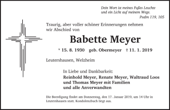Traueranzeige von Babette Meyer von Ansbach