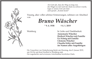 Traueranzeige von Bruno Wäscher von Dinkelsbühl/ Feuchtwangen