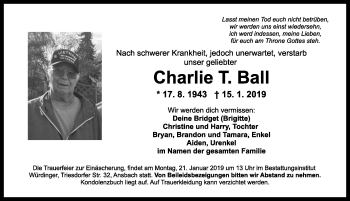 Traueranzeige von Charlie T. Ball von Ansbach