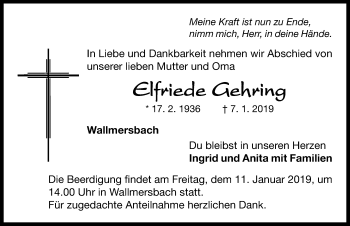 Traueranzeige von Elfriede Gehring von Neustadt/ Scheinfeld/ Uffenheim