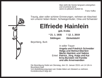 Traueranzeige von Elfriede Hainlein von Dinkelsbühl/ Feuchtwangen