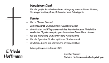 Traueranzeige von Elfriede Hoffmann von Dinkelsbuhl/ Feuchtwangen