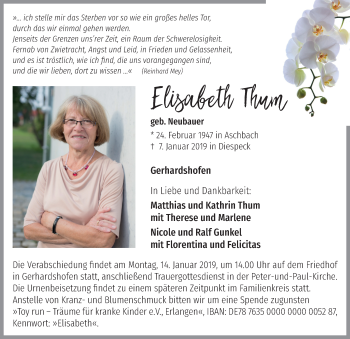 Traueranzeige von Elisabeth Thum von Neustadt/ Scheinfeld/ Uffenheim