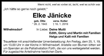 Traueranzeige von Elke Jänicke von Neustadt/ Scheinfeld/ Uffenheim