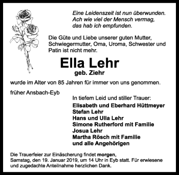 Traueranzeige von Ella Lehr von Ansbach