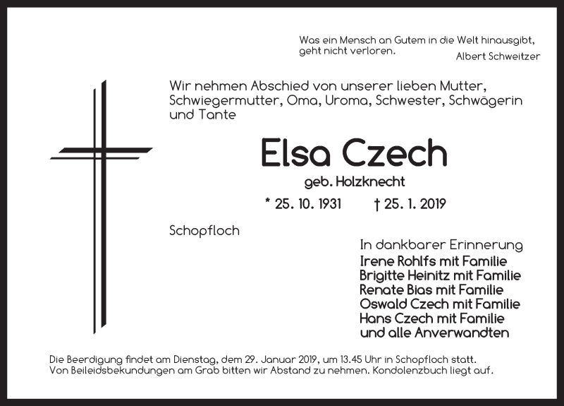  Traueranzeige für Elsa Czech vom 26.01.2019 aus Dinkelsbuhl/ Feuchtwangen