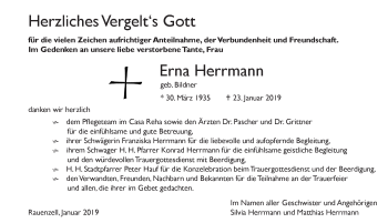 Traueranzeige von Erna Herrmann von Dinkelsbuhl/ Feuchtwangen