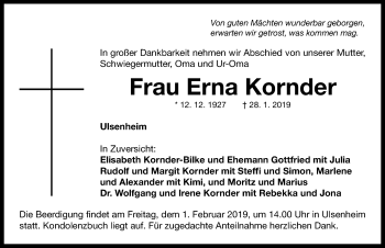 Traueranzeige von Erna Kornder von Neustadt/ Scheinfeld/ Uffenheim