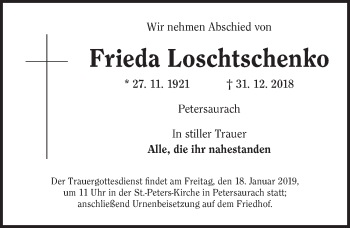 Traueranzeige von Frieda Loschtschenko von Ansbach