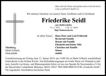 Traueranzeige von Friederike Seidl  von Neustadt/ Scheinfeld/ Uffenheim