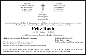 Traueranzeige von Fritz Raab von Neustadt/ Scheinfeld/ Uffenheim