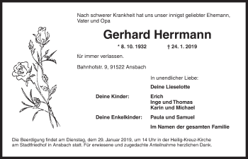 Traueranzeige von Gerhard Herrmann von Ansbach