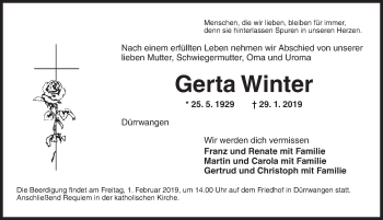 Traueranzeige von Gerta Winter von Dinkelsbuhl/ Feuchtwangen