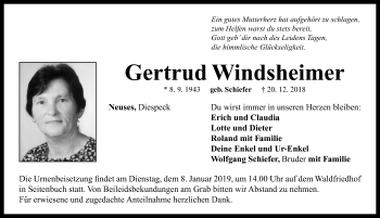 Traueranzeige von Gertrud Windsheimer von Neustadt/ Scheinfeld/ Uffenheim