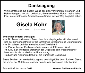 Traueranzeige von Gisela Kohr von Dinkelsbühl/ Feuchtwangen