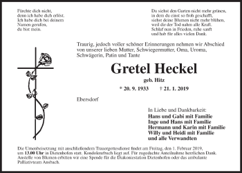 Traueranzeige von Gretel Heckel von Ansbach