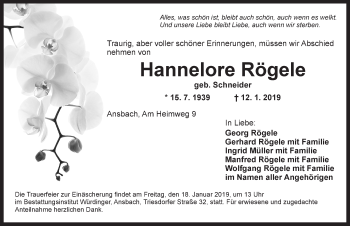 Traueranzeige von Hannelore Rögele von Ansbach