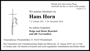 Traueranzeige von Hans Horn von Rothenburg