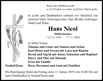 Traueranzeige von Hans Nicol von Neustadt/ Scheinfeld/ Uffenheim