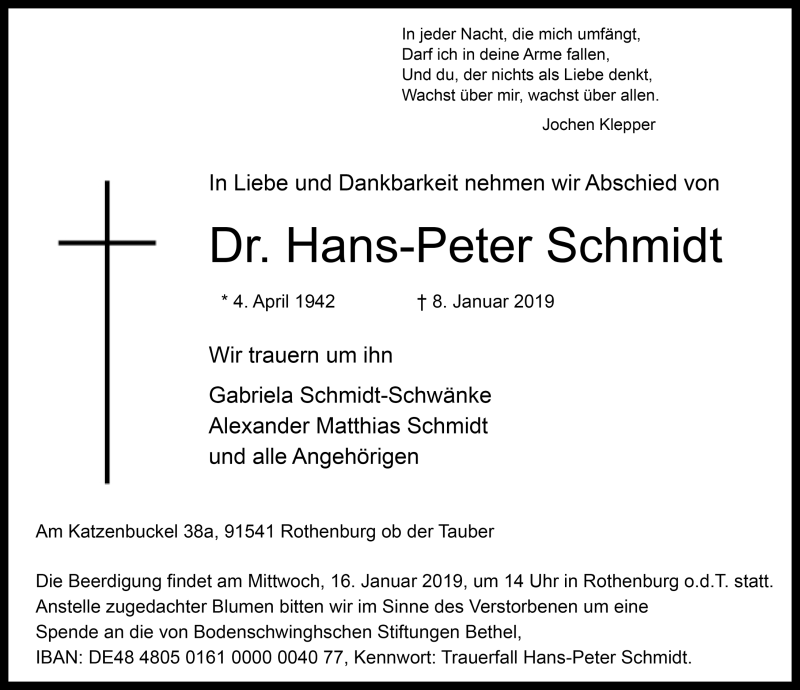  Traueranzeige für Hans-Peter Schmidt vom 12.01.2019 aus Rothenburg