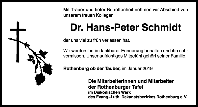  Traueranzeige für Hans-Peter Schmidt vom 14.01.2019 aus Rothenburg