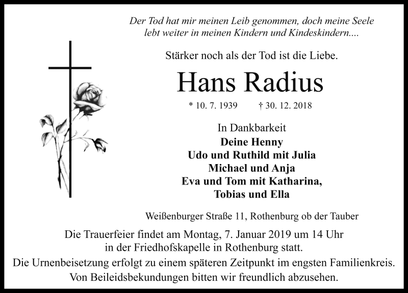  Traueranzeige für Hans Radius vom 04.01.2019 aus Rothenburg