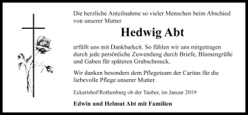 Traueranzeige von Hedwig Abt von Rothenburg