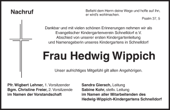 Traueranzeige von Hedwig Wippich von Dinkelsbühl/Feuchtwangen