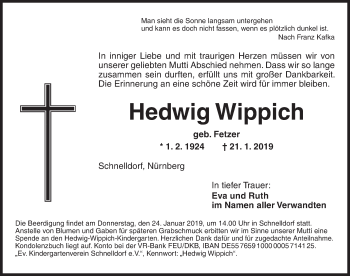 Traueranzeige von Hedwig Wippich von Dinkelsbühl/Feuchtwangen