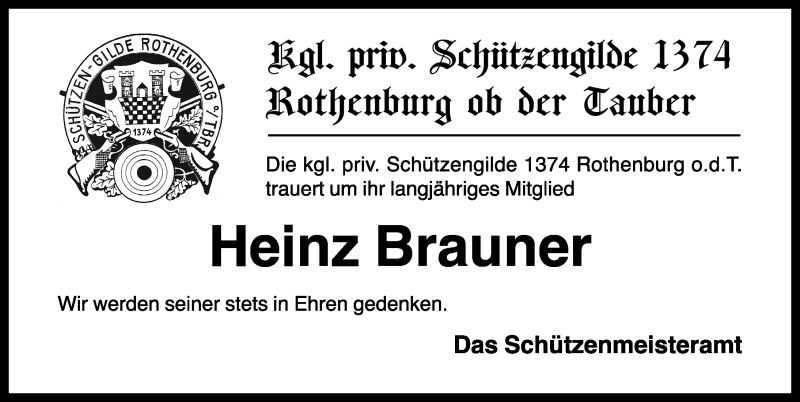  Traueranzeige für Heinz Brauner vom 03.01.2019 aus Rothenburg