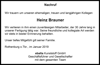 Traueranzeige von Heinz Brauner von Rothenburg