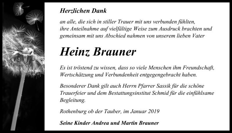  Traueranzeige für Heinz Brauner vom 12.01.2019 aus Rothenburg