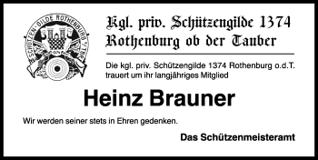 Traueranzeige von Heinz Brauner von Rothenburg