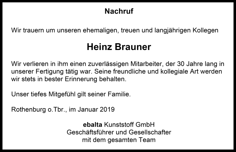  Traueranzeige für Heinz Brauner vom 11.01.2019 aus Rothenburg