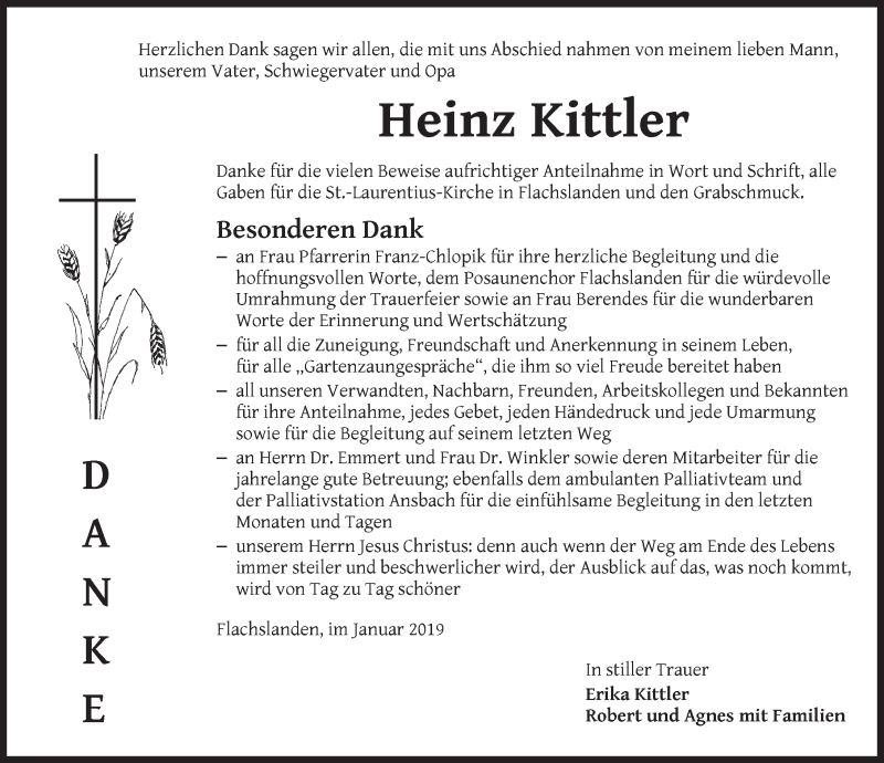  Traueranzeige für Heinz Kittler vom 03.01.2019 aus Ansbach