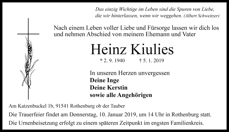  Traueranzeige für Heinz Kiulies vom 08.01.2019 aus Rothenburg
