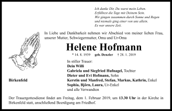 Traueranzeige von Helene Hofmann von Neustadt/ Scheinfeld/ Uffenheim