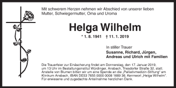 Traueranzeige von Helga Wilhelm von Ansbach