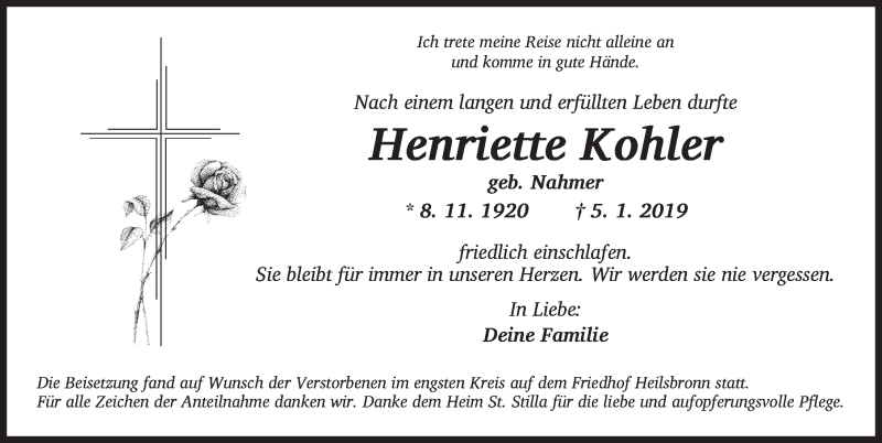  Traueranzeige für Henriette Kohler vom 19.01.2019 aus Ansbach