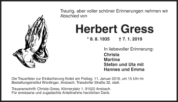 Traueranzeige von Herbert Gress von Ansbach