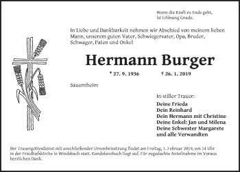 Traueranzeige von Hermann Burger von Ansbach