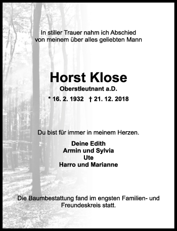 Traueranzeige von Horst Klose von Ansbach