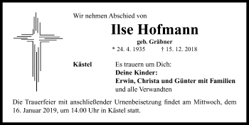 Traueranzeige von Ilse Hofmann von Neustadt/ Scheinfeld/ Uffenheim