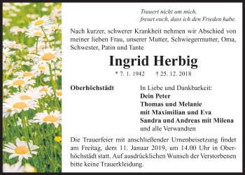 Traueranzeige von Ingrid Herbig von Neustadt/ Scheinfeld/ Uffenheim