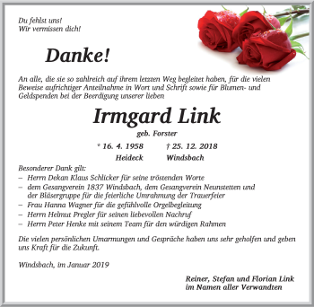 Traueranzeige von Irmgard Link von Ansbach