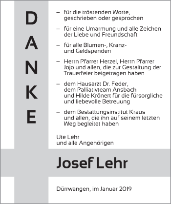 Traueranzeige von Josef Lehr von Dinkelsbühl/ Feuchtwangen