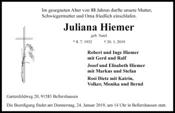 Traueranzeige von Juliana Hiemer von Rothenburg